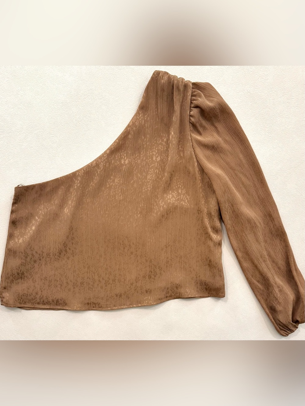 Francesca’s Mi Ami One Shoulder Textured Blouse Top Brown Taupe Sz S